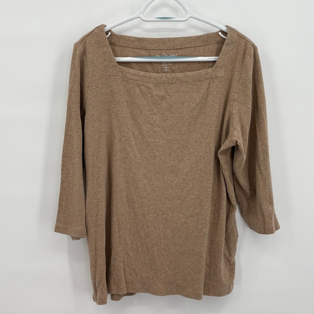 Chicos Womens Tan Heathered 100% Cotton Square Neck 3/4 Sleeve Top Size 3 XL
